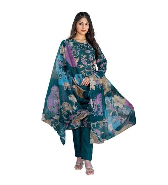 Women's Cotton Blend Printed Kurti with Pant Dupatta Set (Rama, 2XL)-PID63056