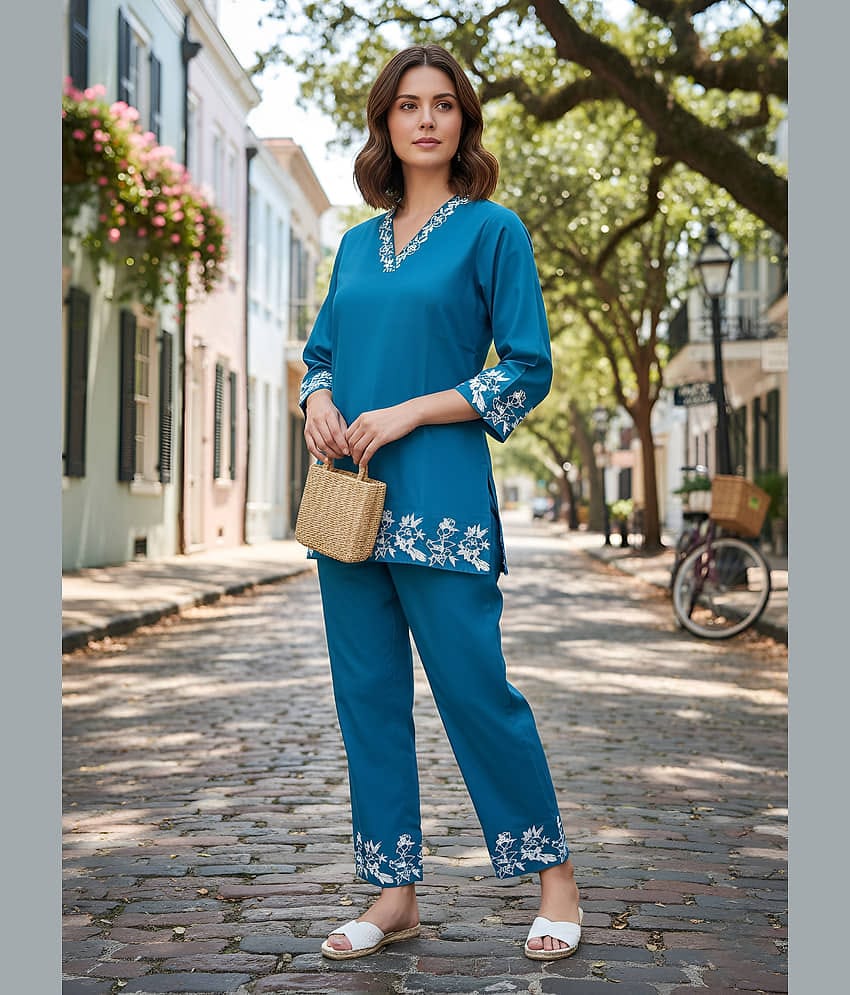 Yash Gallery Women Solid Top With Trousers Co-Ord Set ( Teal )