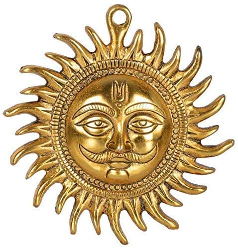 nawani surya dev god idol statue wall hanging metal home decor, size 12/12 cm-Gold