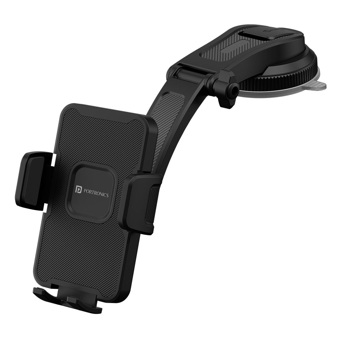 Portronics Clamp M5 Car Phone Holder Stand with Grip Rotation, Strong Hold, Suction Cup Mount, Single Hand Use, Shockproof Build, Mobile Stand for Car