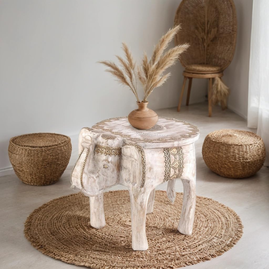 PREET GALLERY Whitewashed Wooden Elephant Stool Table with Brass Inlay, for Home Decor