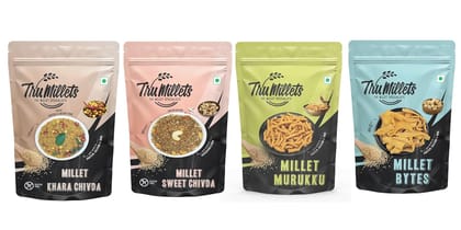 Trumillets Ready to Eat Khara Chivda 125g, Sweet Chivda, Millet Bites 125g and Murukku Sticks 125g