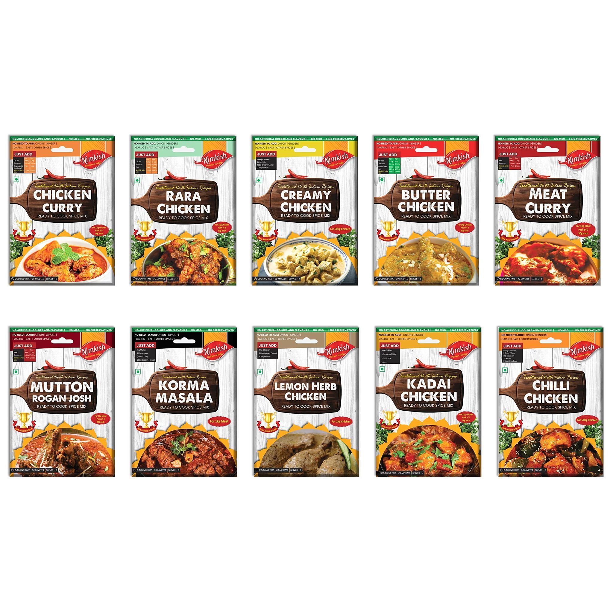 Nimkish Curry & Gravy Ready-to-Cook Spice Combo Pack of 10 | Instant Masala Premix for Indian Sabzi & Curry Dishes | Value Pack