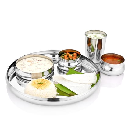 RK Riva Stainless Steel Deluxe Buffet Set 7 Pieces | Premium Dining Set with Thali, Bowls, Glass, Spoon & Fork | Mirror Finish | Ideal for Home & Gifting
