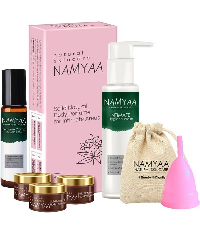 Namyaa Period Care Kit- Feminine Cramp Roll on, Intimate wash, Solid Body Perfumes, Menstrual  (Medium) Cup
