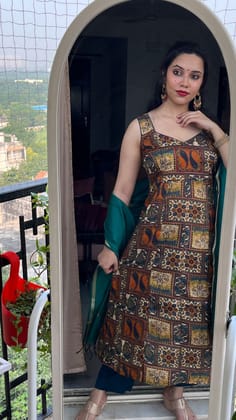 Emerald Green Multicolor Printed Sleeveless Kurta Set with Pants & Dupatta | Modern Ethnic For Women