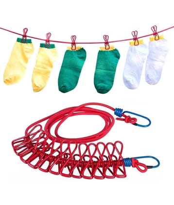 GEEO Multi Functional Portable Drying Rope with 12 Clips and 2 Hooks, Travel Clothesline Rope Clothes Hanging Hook, Outdoor Indoor Wind-Proof Clothesline (Multicolour)