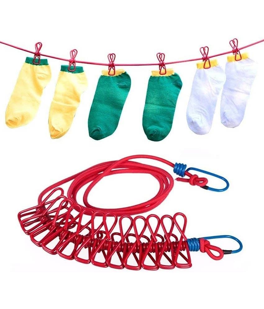 GEEO Multi Functional Portable Drying Rope with 12 Clips and 2 Hooks, Travel Clothesline Rope Clothes Hanging Hook, Outdoor Indoor Wind-Proof Clothesline (Multicolour)