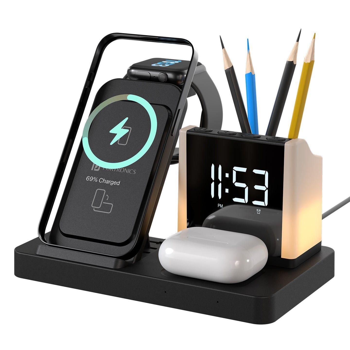 Portronics Hexacharge Wireless Charging, Digital Alarm Clock, Pen Stand, LED Lamp - Black