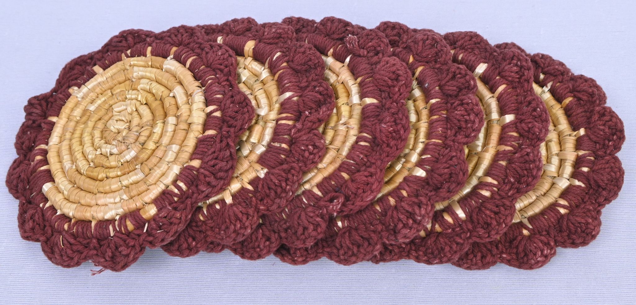 Handwoven Wheatgrass Coaster Set (Set of 6) with Crochet Border
