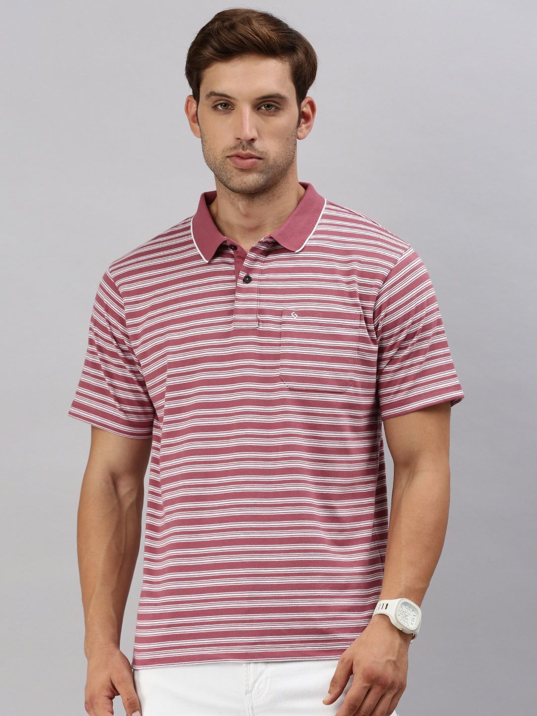 Classic Polo Men's Half Sleeve Dr.Pink/White Polo Neck Cotton Authentic Fit T Shirt | FEEDERS - 265 A AF P