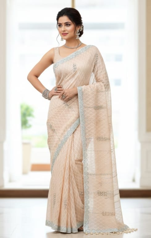 Net Sarees with moti work  | Attached blouse