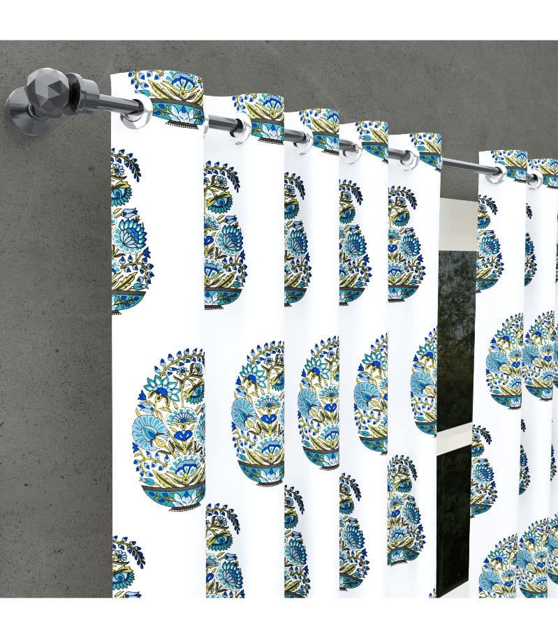 Ethnic Padma Block Print Curtains Jaipuri Kairi Floral Design in Green / 100% Cotton ( 5 Feet )