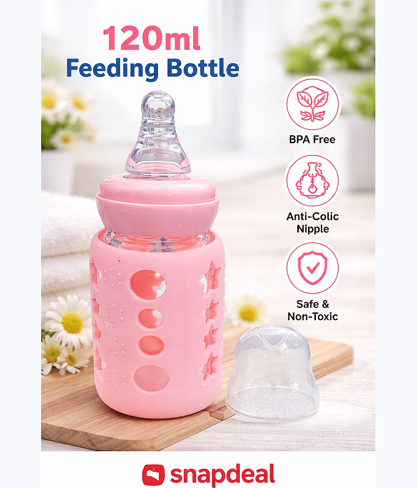 BBYARAJ Premium 120ml Anti-Colic Baby Feeding Bottle Multicolour Glass Water Bottle 150 mL ( Set of 1 )