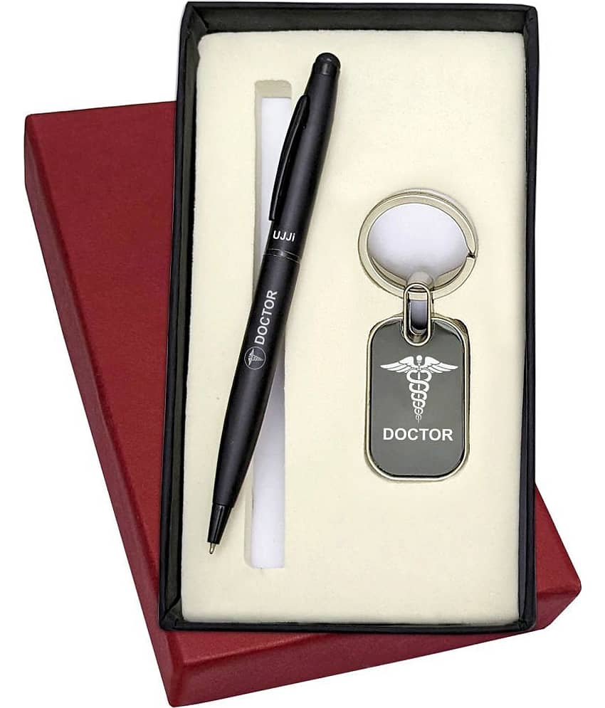 UJJi 2in1 Doctor Logo Engraved Set in Matte Finish Black Color Pen and Metal Keychain