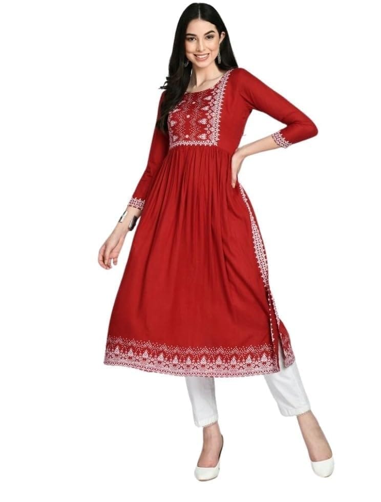 Women's Casual Rayon 3-4th Sleeves Kurti (Maroon, 2XL)-PID63381