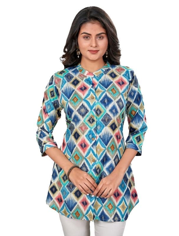 Women's Rayon Collared Neck 3/4 Sleeves Short Top (Multicolor, S)-PID56253