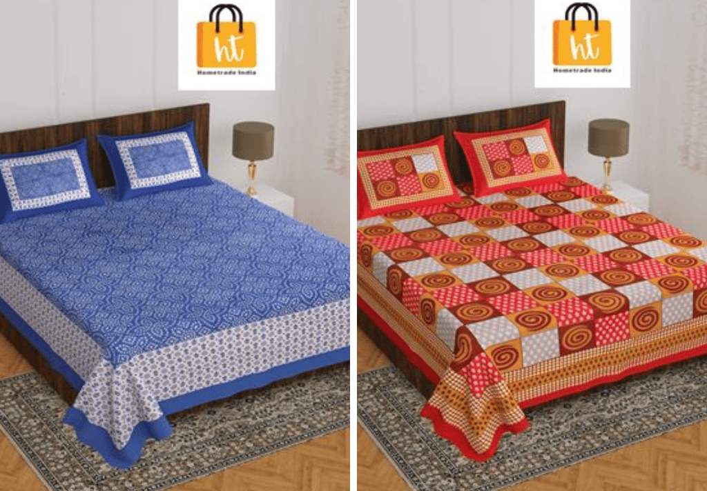 2201-Hometrade India- Standard Double Size (90*100 in )-Combo Jaipuri Double bedsheet With Matching Pillow Cover