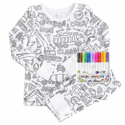 Arni Arts Magic Coloring Pajama Set Top and Bottom with Construction Theme Print and 12 Washable Markers for Kids Age 2 to 3 Years