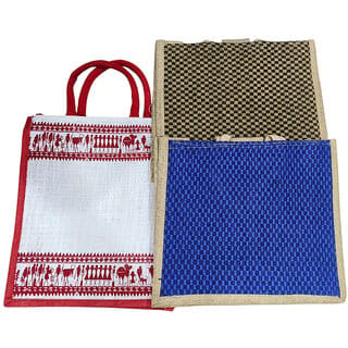 White Premium Jute Hand Crafted Multipurpose Bag For Men Women (Pack of 3)