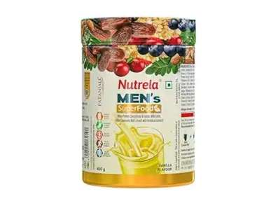 Nutrela Men Superfoods With Whey Protein Powder - 400g, Vanilla Flavor | Everyday Fitness with Biofermented Multivitamins & Whey Protein to support in Bone & Joints Health , Muscle , Heart , Hair & Nails , Ednergy Booster and Mood Stabilizer