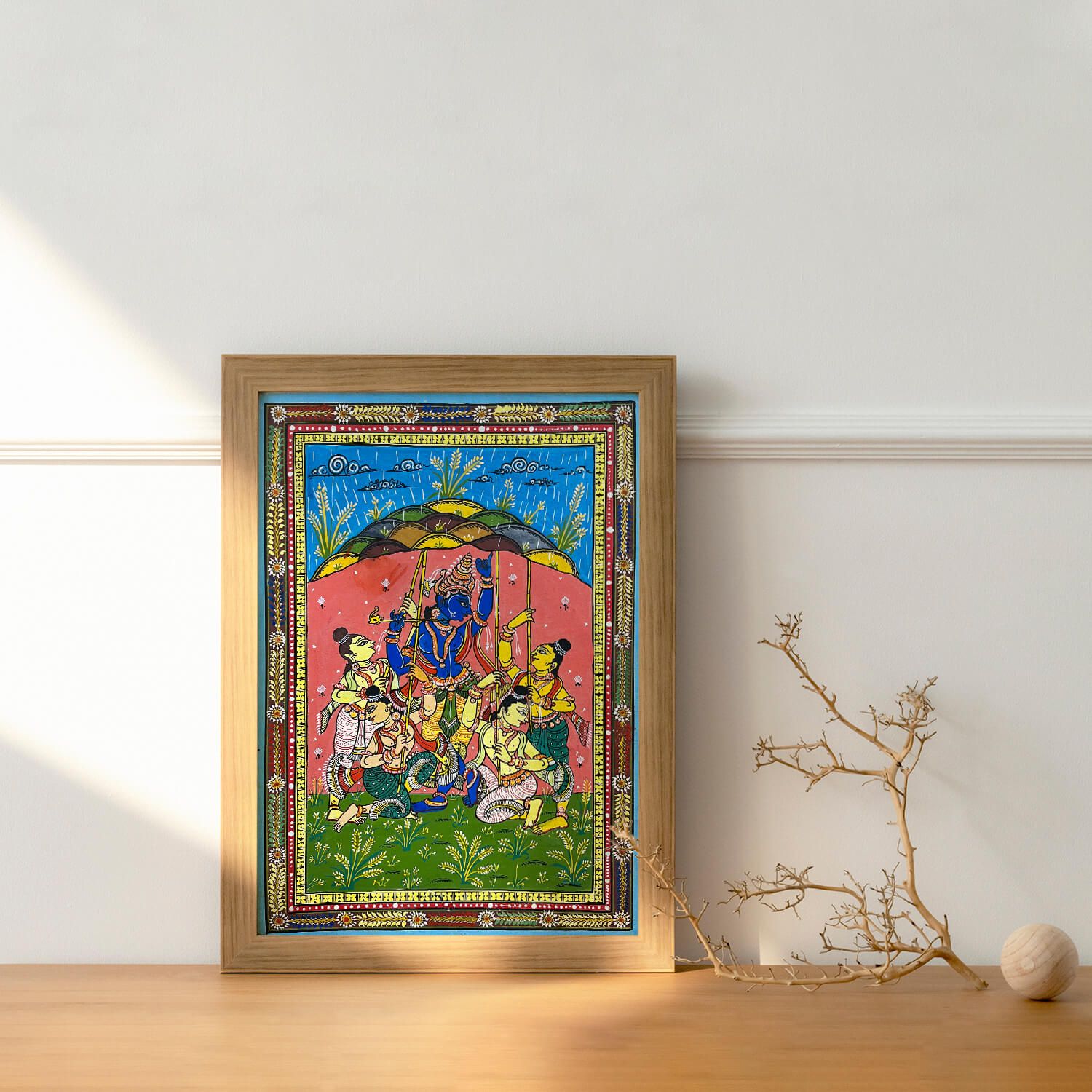 Patta Painting of Lord Krishna Lifting Up The Govardhan Hill (Copy)