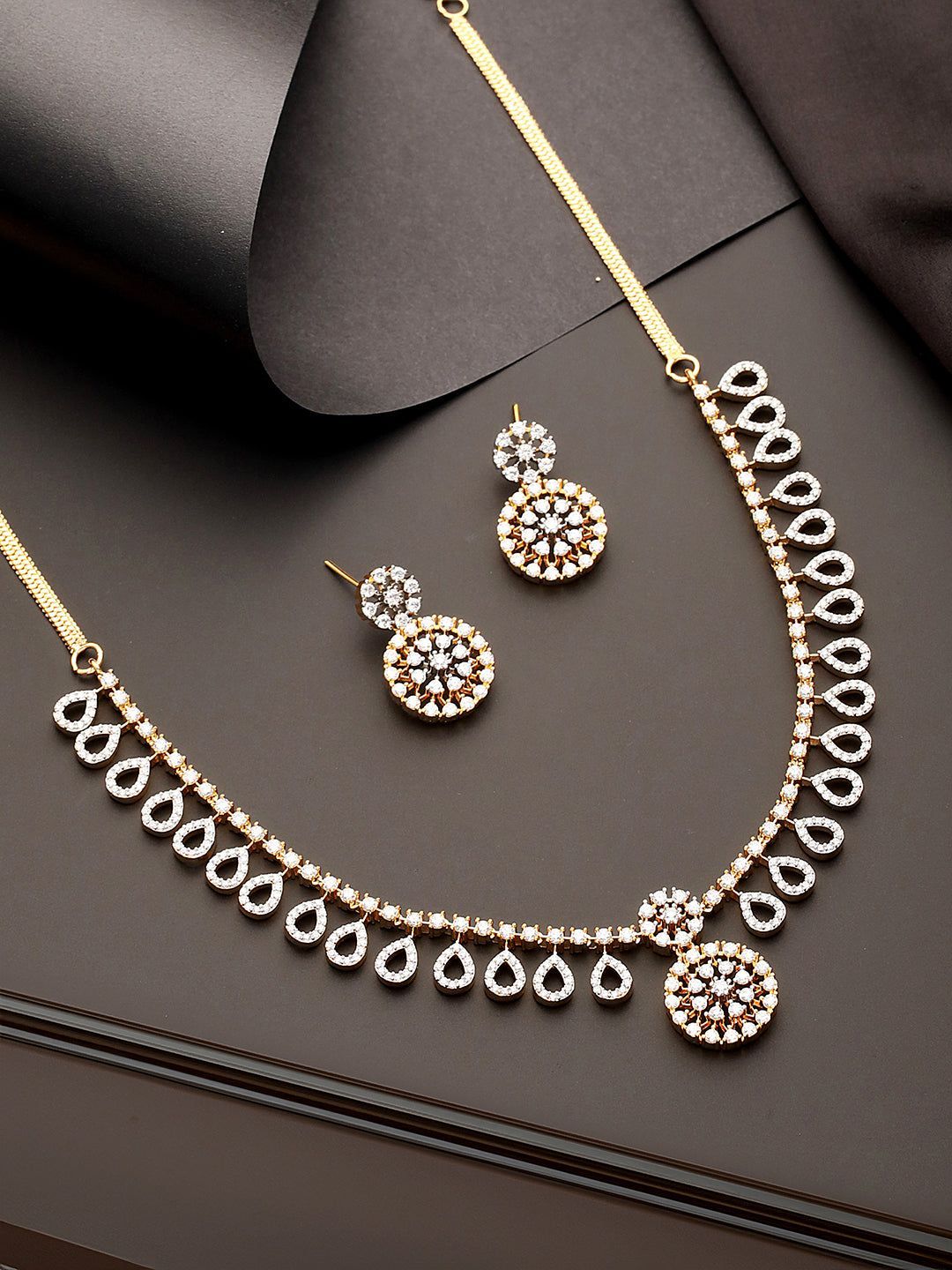 Gold Toned AD Studded Floral Drop Minimal Jewellery Set