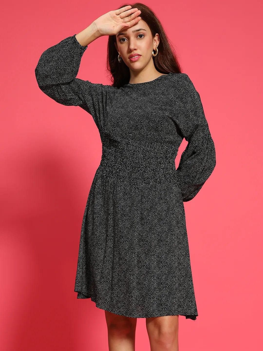 Hey Black Floral Print Round Neck Long Sleeve Smocked Knee Length Women Dress