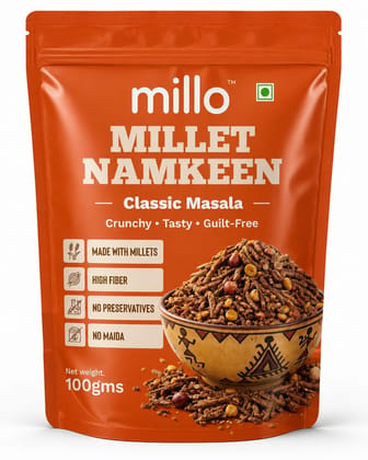 Millo Millet Namkeen Classic Masala 100g | Healthy Millet Snack | High Fiber Crunchy Mix | No Maida, No Preservatives | Multigrain Namkeen | Guilt-Free Indian Snack Millo Millet Namkeen Classic Masala 100g | Healthy Millet Snack | High Fiber Crunchy Mix | No Maida, No Preservatives | Multigrain Namkeen | Guilt-Free Indian Snack