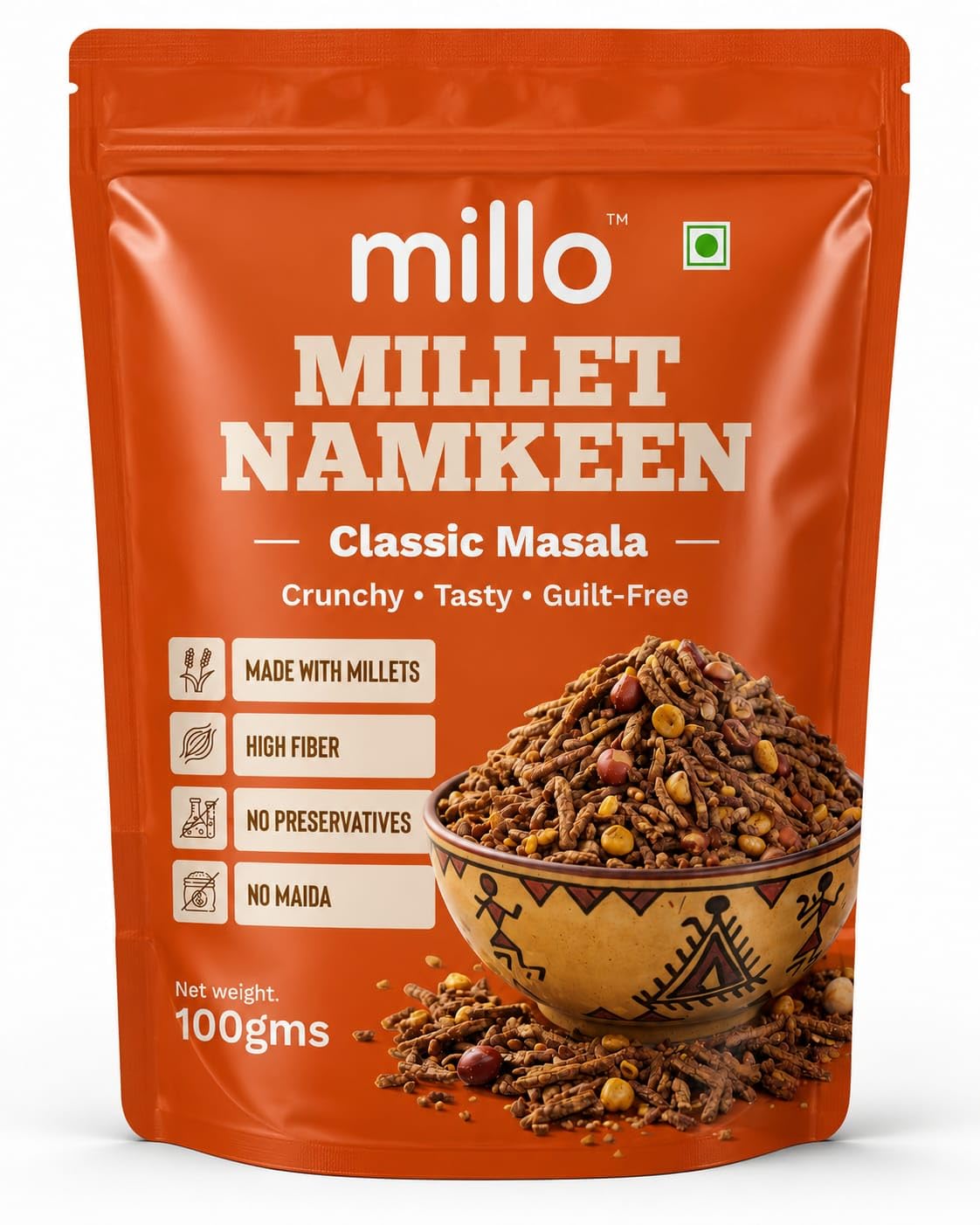 Millo Millet Namkeen Classic Masala 100g | Healthy Millet Snack | High Fiber Crunchy Mix | No Maida, No Preservatives | Multigrain Namkeen | Guilt-Free Indian Snack