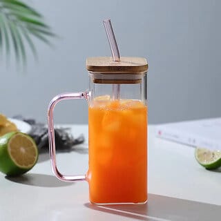 ELVEN Transparent Square Shape Juice Mug Sipper Tumbler  Coffee Mug Sipper with Straw  Borosilicate Glass  Pack of 2