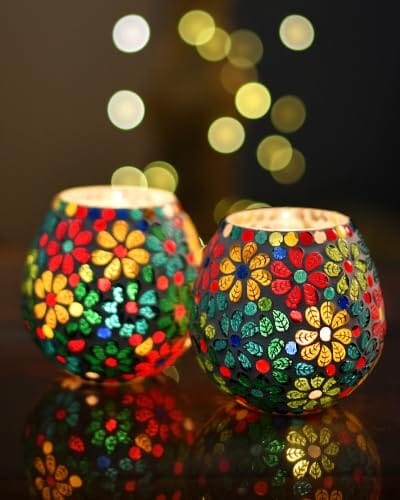 Homesake Tealight Candle Holders for Home Decor, Mosaic Glass, Flowers, Decorations for Home, Item for Diwali