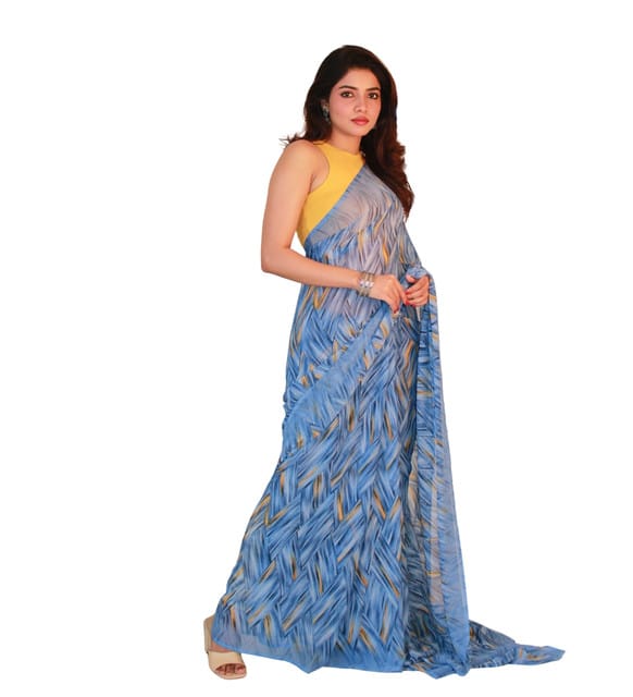 GENERIC Women's Georgette Printed Saree With Unstitched Blouse 5.5Mtr (Blue)-PID67512