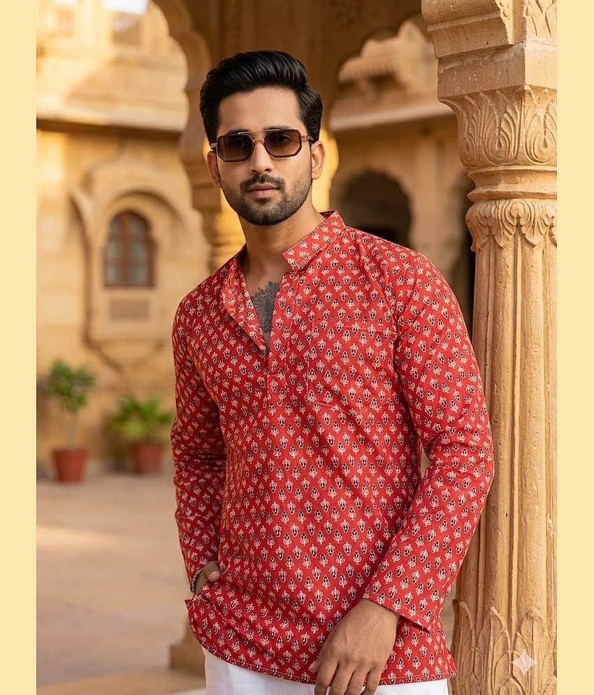 Anjaneya Creations Cotton Printed Regular Kurta For Men ( Maroon )