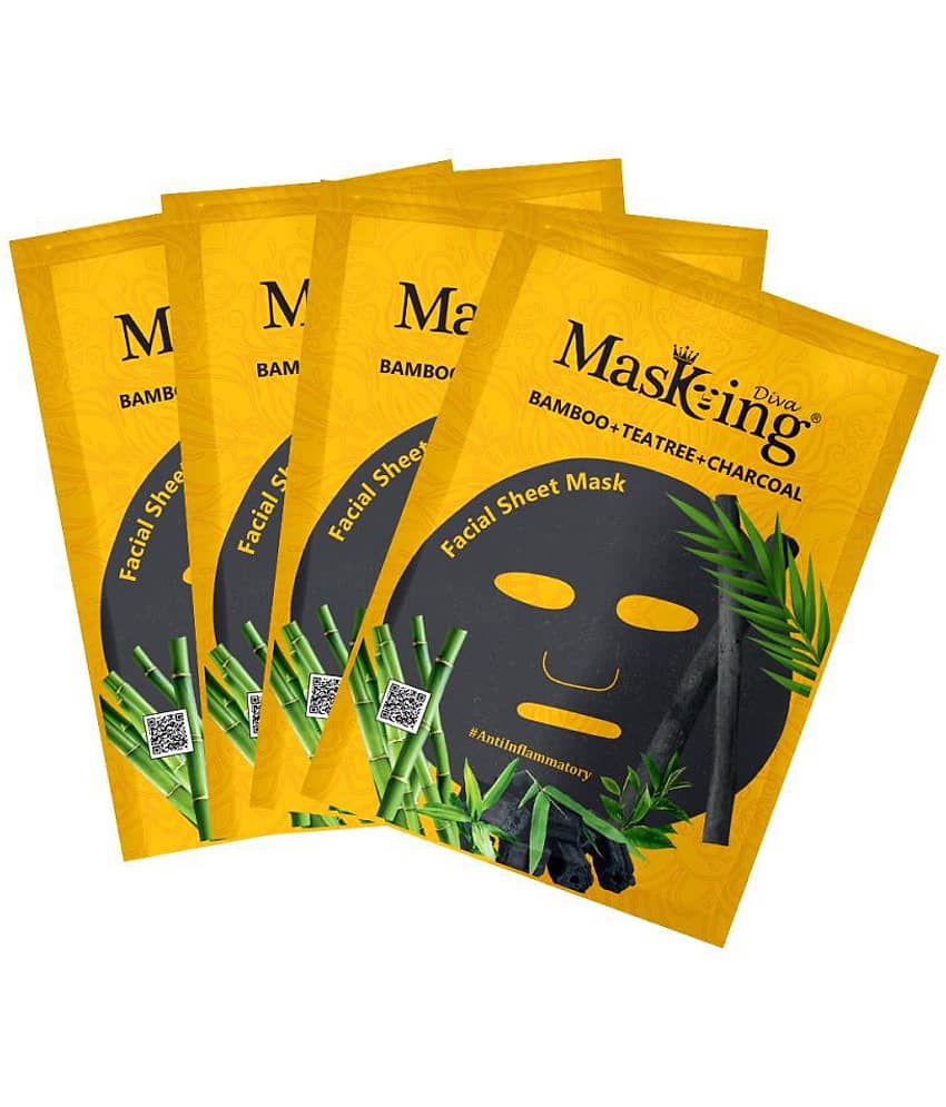 Masking Diva Bamboo, Teatree and Charcoal Face Sheet Mask 100 ml Pack of 4