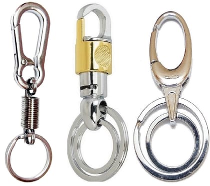 KD COLLECTIONS Double Ring Hook Keychain for Bike & Cars Combo - Golden Silver Color - Pack of 3 Keychains