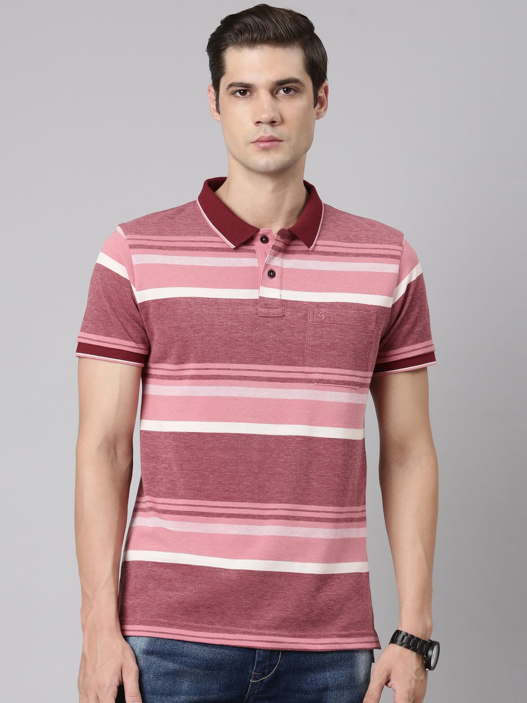 Classic Polo Men's Polo Neck Cotton Maroon Slim Fit Striped T-Shirt | ADORE-222 A SF P