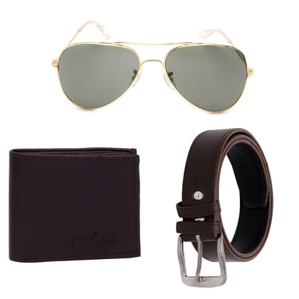 Random Men's Faux Leather Belt (Pack Of 1 Belt, 1 Wallet And 1 Sunglass) (9C7AVWLBTBRN_Multicolour)