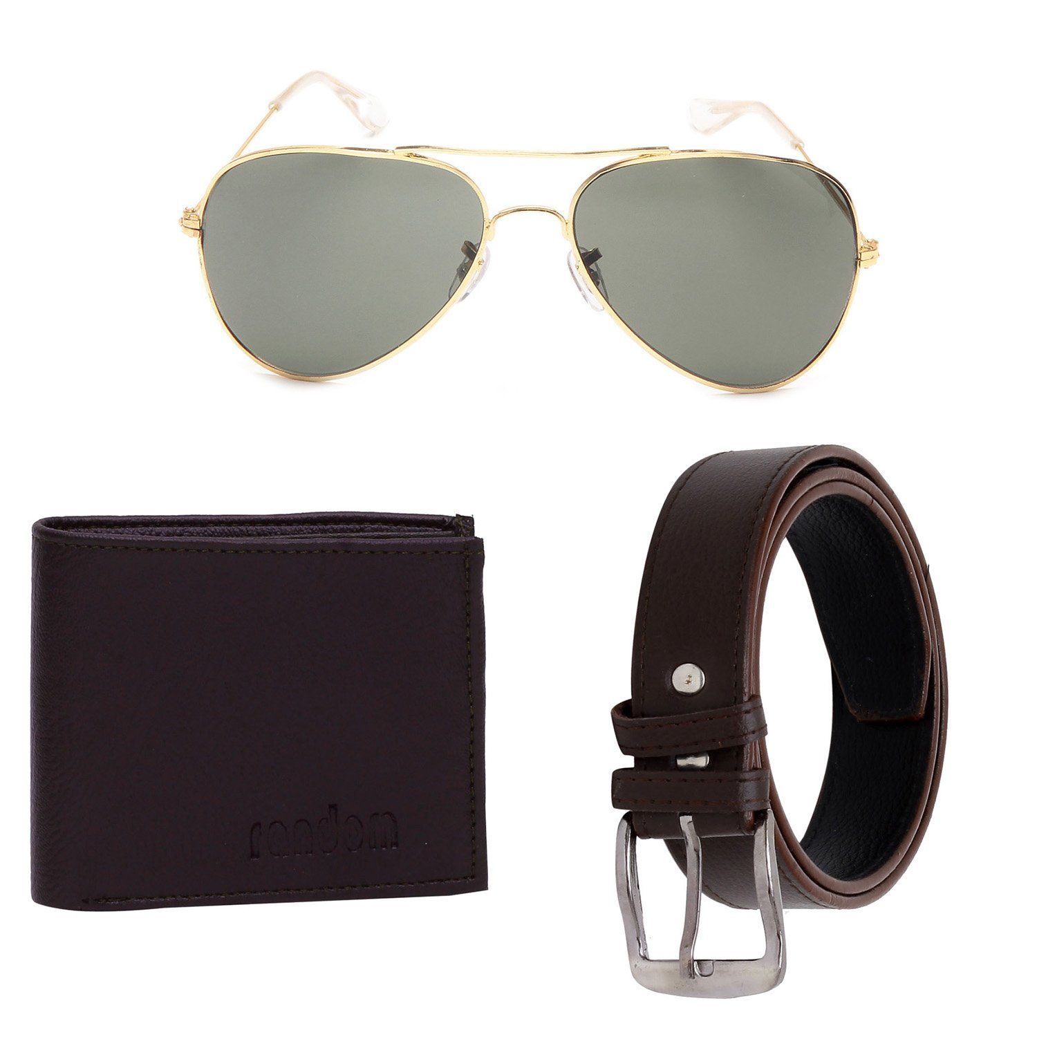 Random Men's Faux Leather Belt (Pack Of 1 Belt, 1 Wallet And 1 Sunglass) (9C7AVWLBTBRN_Multicolour)