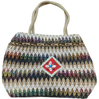Handcraftedt jute tote bag with colourful zigzag design eco-friendlu Sling Bag (White, Blue, Green, 8 L)
