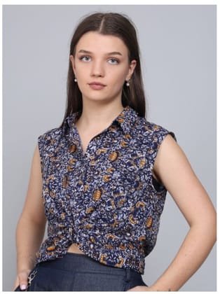 Printed Sleeveless Waist Tie-Ups Shirt Style Top