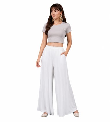 Generic Women's Georgette Solid Mid-Rise Wide Leg Flared Palazzo Pants with Elastic Waist, Ankle Length Trousers for Daily, Office and Casual Wear (White, XL, Pack of 1, Design 67557) Generic Women's Georgette Solid Mid-Rise Wide Leg Flared Palazzo Pants with Elastic Waist, Ankle Length Trousers for Daily, Office and Casual Wear (White, XL, Pack of 1, Design 67557)