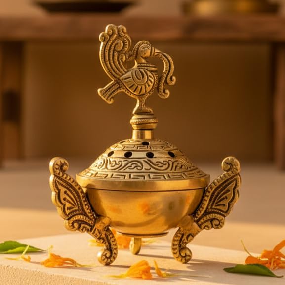 Sukh Sehaj Mayur Dhoopdani | Peacock Loban Burner | Incense Burner | Dhoop Batti Stand, Handcrafted, Antique Yellow Finish, 3.9 Inch Length, for Home Temple, Decor, Pooja Ritual and Gifting