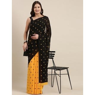 SVB Sarees Womens Yellow And Black Colour Polka Dot Printed Saree With Blouse Piece