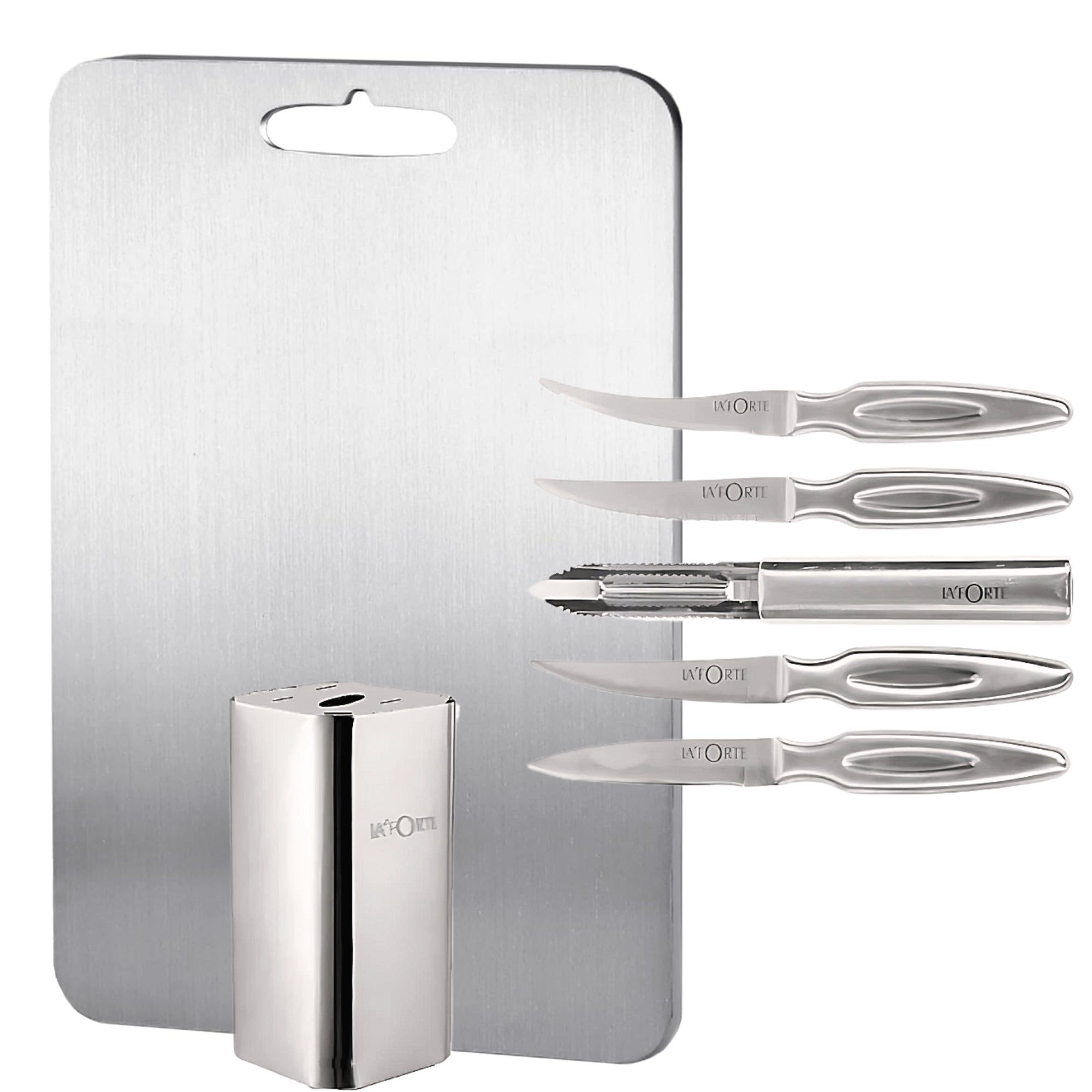 LA' FORTE Premium Combo - 5-Piece Metal Knife Set with Metal Block & Stainless Steel Chopping Board (31 cm x 20.5 cm) LA' FORTE Premium Combo - 5-Piece Metal Knife Set with Metal Block & Stainless Steel Chopping Board (31 cm x 20.5 cm) - Chopping Board w