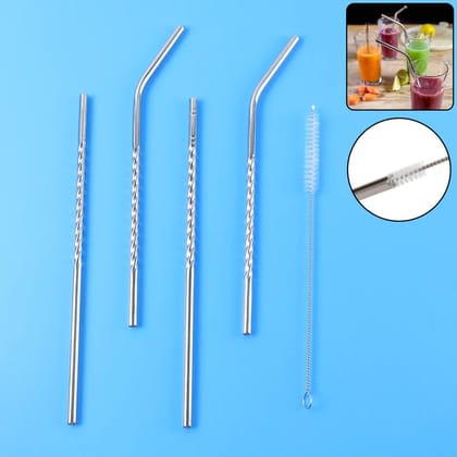 Set of 4 Stainless Steel Straws & Brush ( Design May Very ) ( 1 Set )