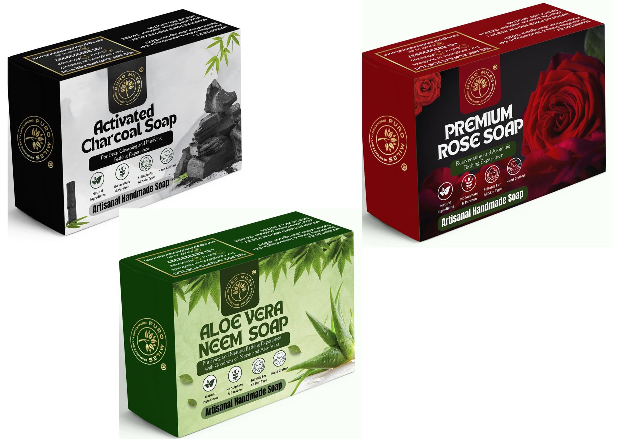 Puro Miles Handmade Bath Soap Combo | Homemade | Organic & Natural | Ayurvedic & Herbal | Rose, Activated Charcoal, and Aloe Vera Neem Soap | Paraben & Sulphate Free | Pack of 3x100gm