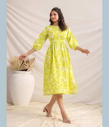 Janasya Women Cotton Printed A-line Dress ( Lime Green )
