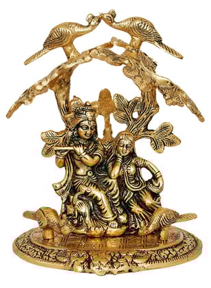 DreamKraft Metal Antique Finish Radha Krishna Idol With Flute Under Tree Showpiece, Standard, Gold