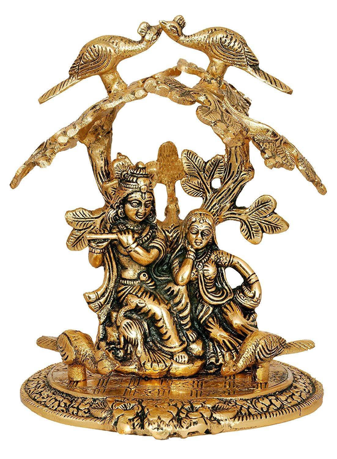 DreamKraft Metal Antique Finish Radha Krishna Idol With Flute Under Tree Showpiece, Standard, Gold